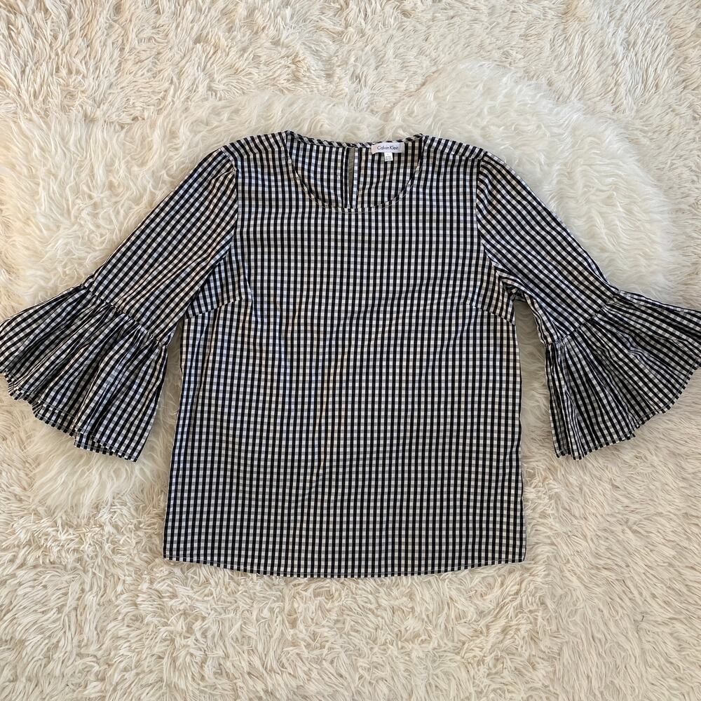 Calvin Klein Black and White Gingham Blouse with Bell Sleeves, size L